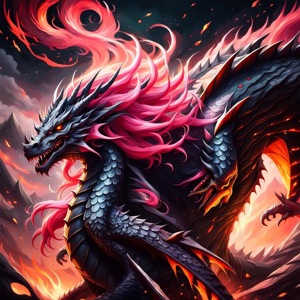 Fierce Dragon and Pink-Haired Girl in Oil Painting Style
