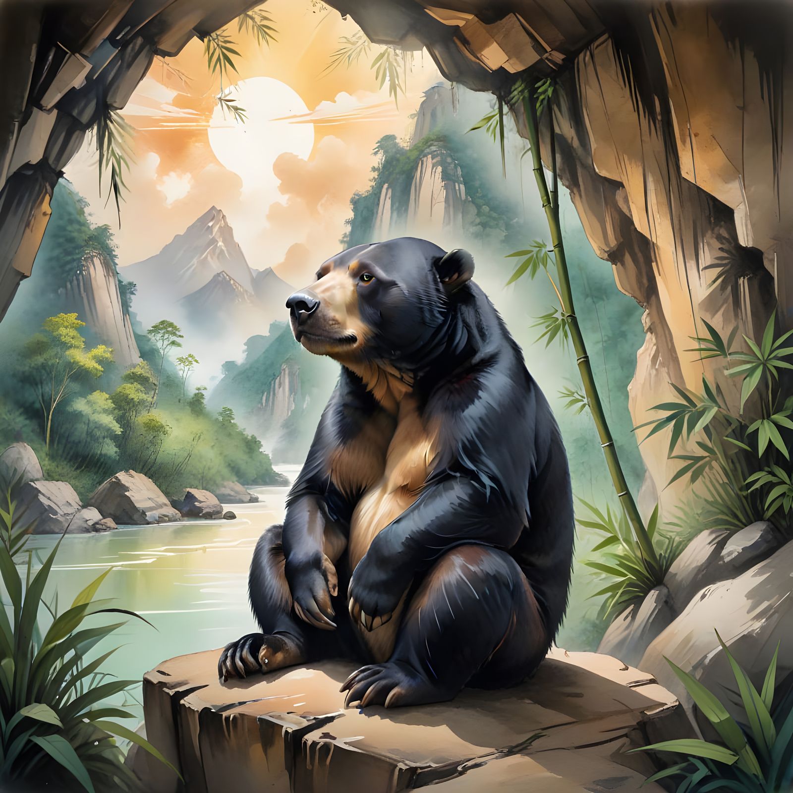 Sun Bear Contemplates Tibetan Landscape in Traditional Ink P...