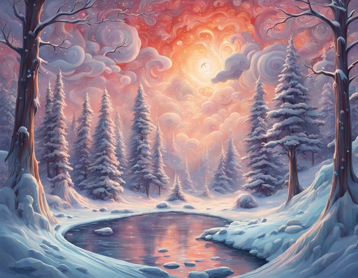 Surreal Winter Wonderland in Psychedelic Art Style