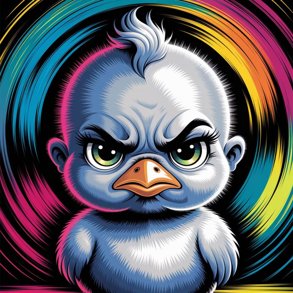 Grumpy Kawaii Chick Portrait in Van Gogh Style
