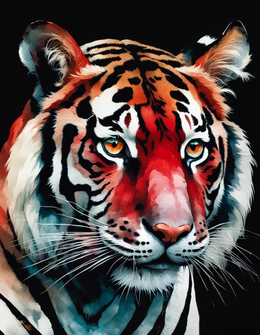Macabre Red Tiger with Glassy Eyes in Watercolor Style