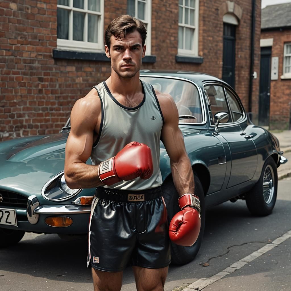 Boxer Posing with Jaguar E-Type in Hyperrealism
