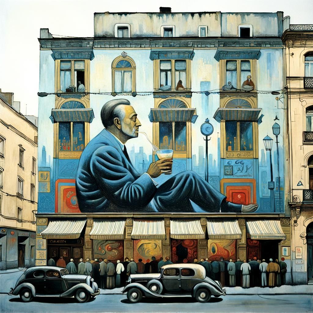 Art Deco Cafe Mural on City Street