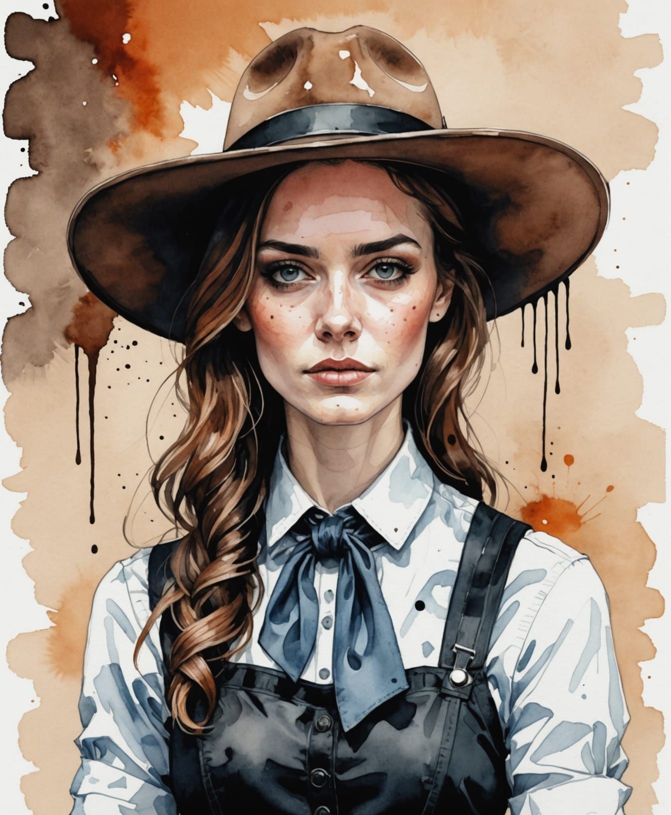 Wild West Waitress Portrait in Watercolor and Ink Style