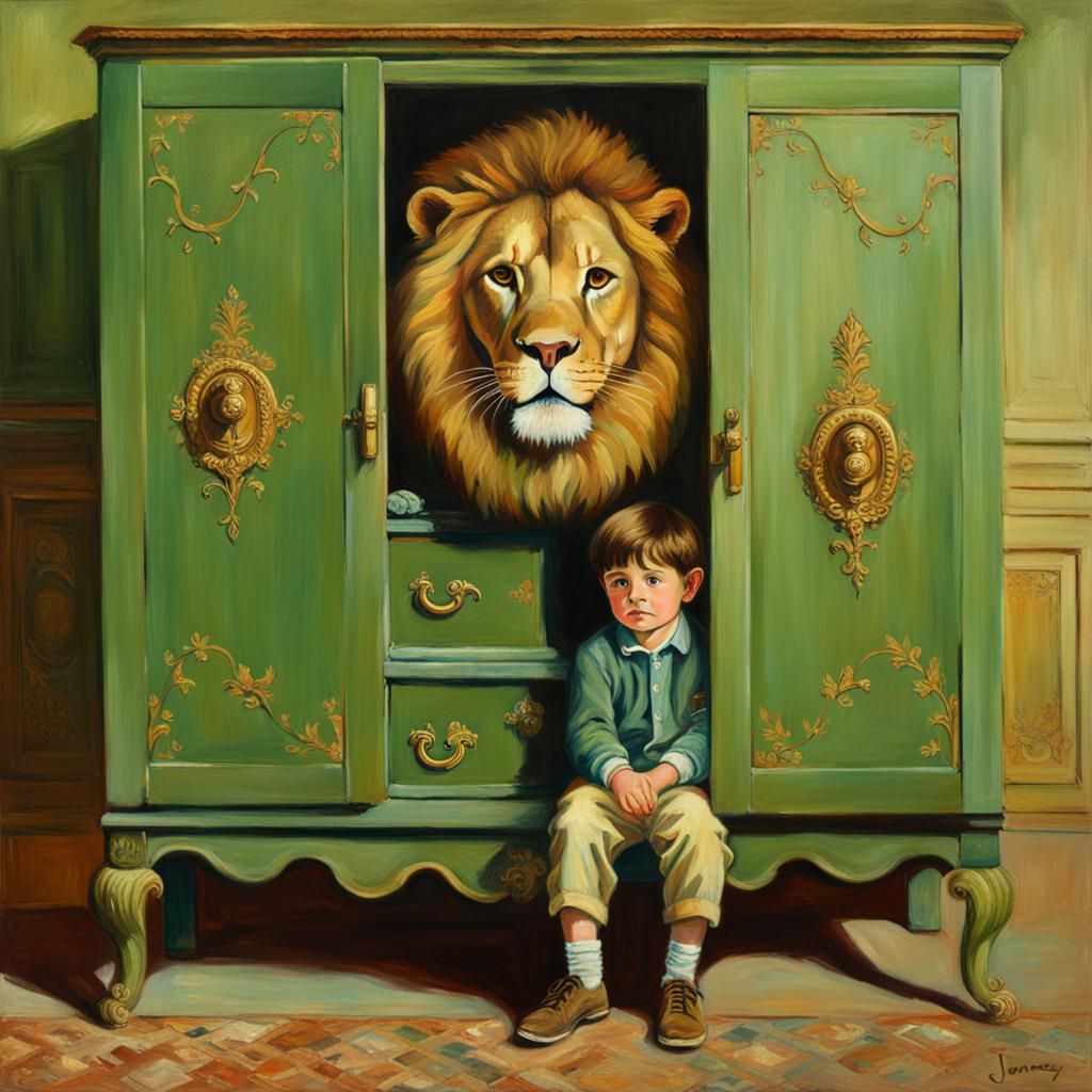 Boy and Lion in Antique Wardrobe Oil Painting