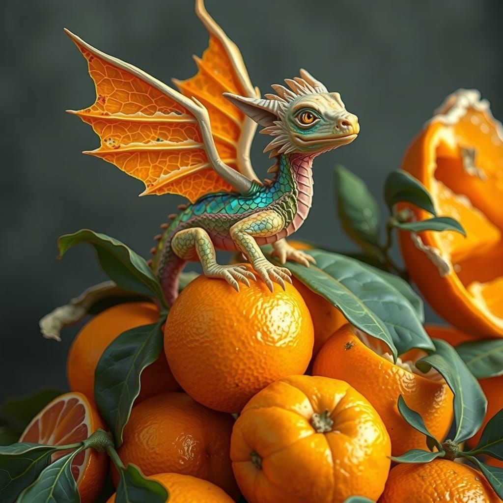 Whimsical Dragon and Oranges Textural Fusion
