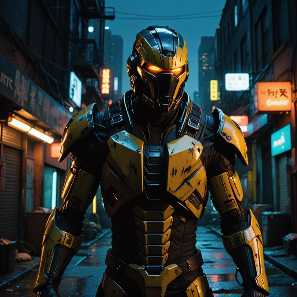 Cyrax in Dark Alley with Neon Lights, Cyberpunk Style
