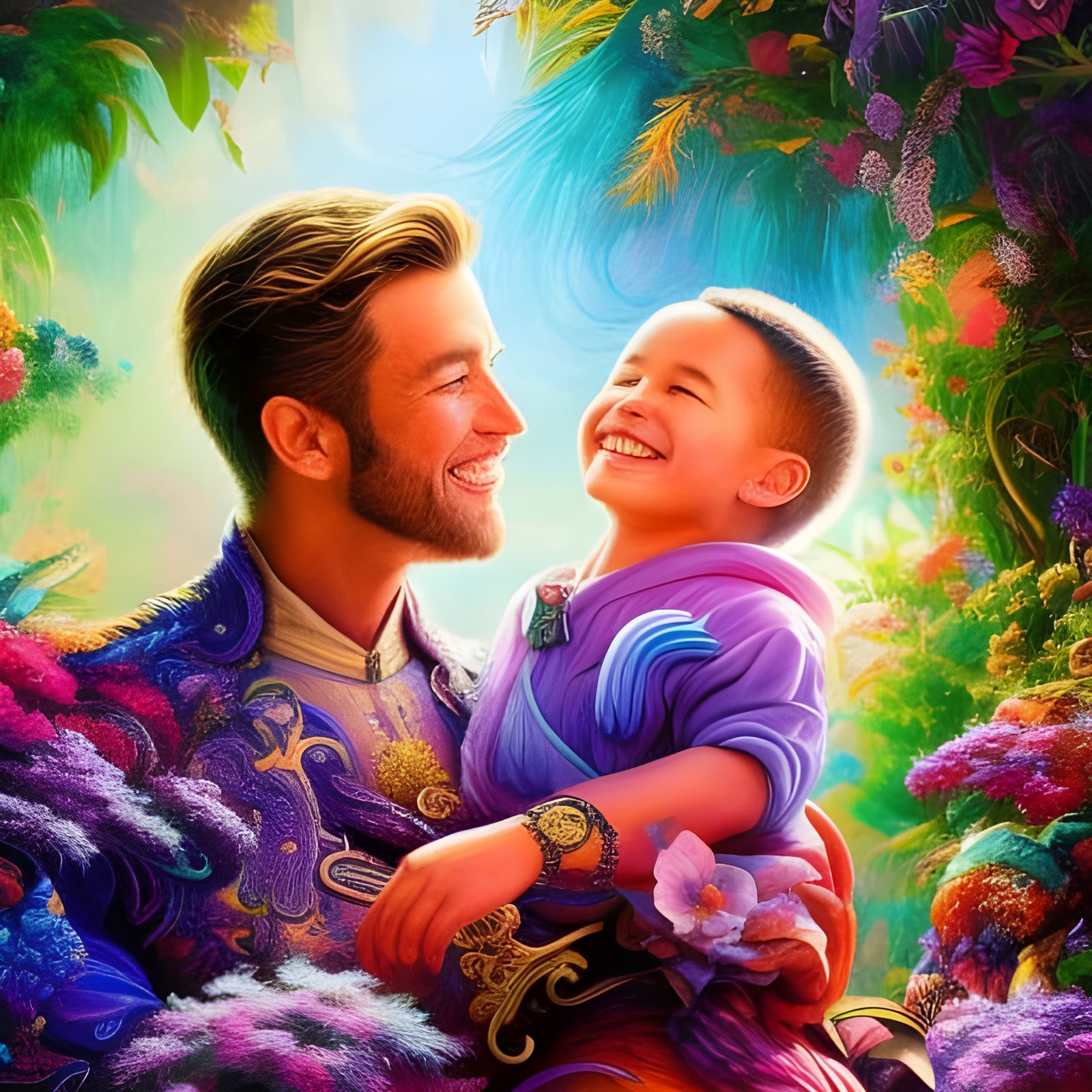 Colorful Father and Son in Fantasy Garden