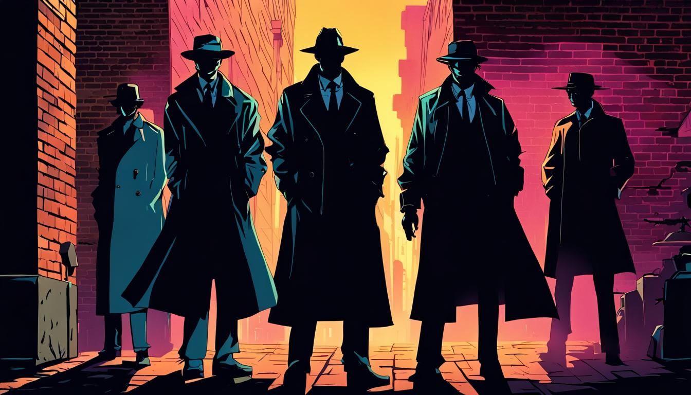 Detectives in Dimly Lit Alleyway with Neon Reflections