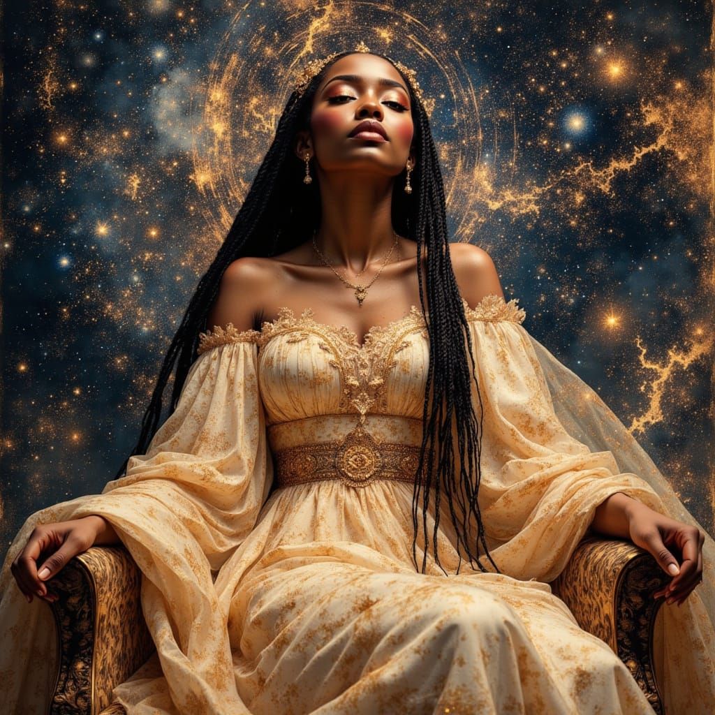 African Queen on Celestial Throne in Cosmic Style