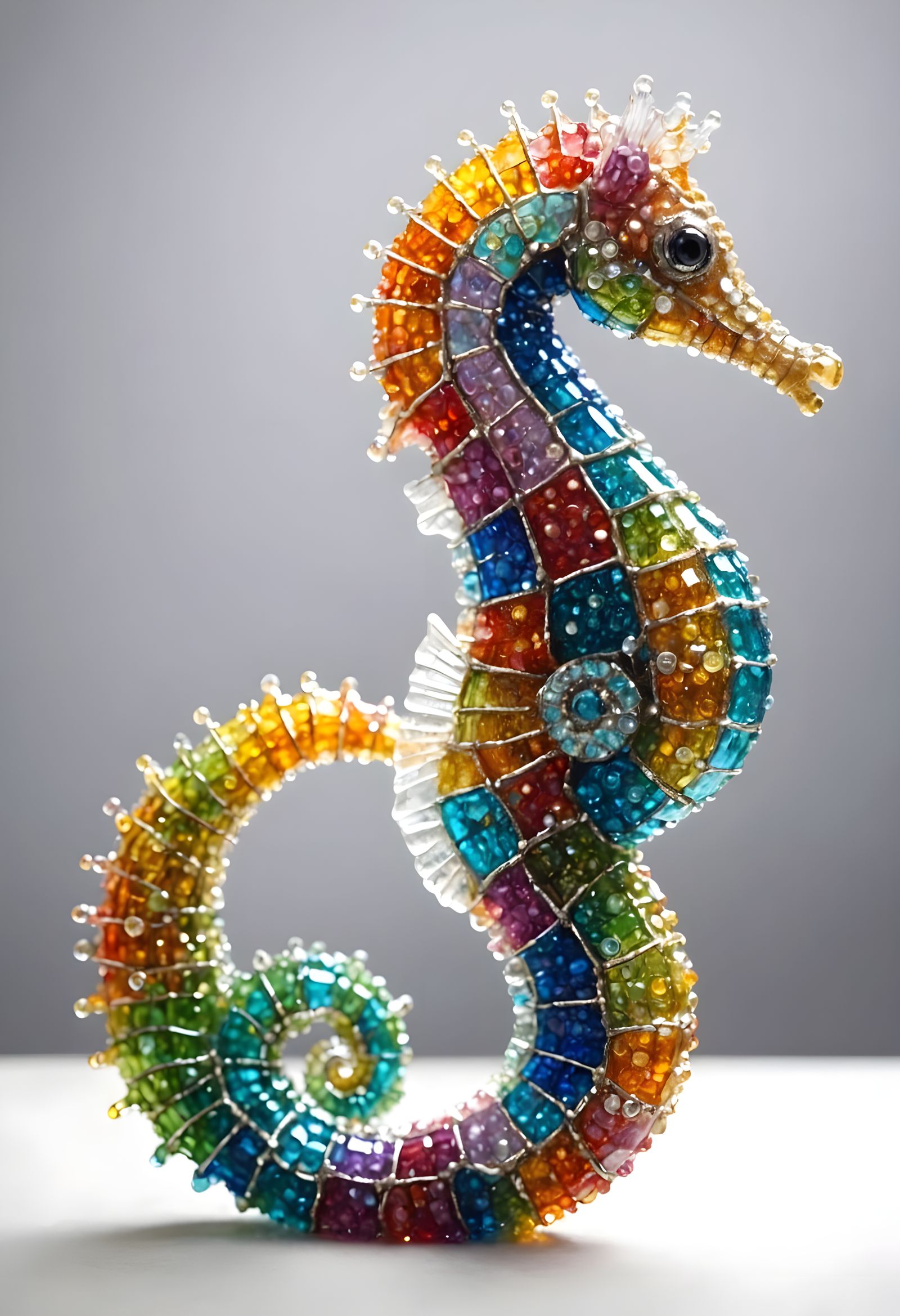 Vibrant Glass Bead Seahorse Sculpture in Pastel Colors