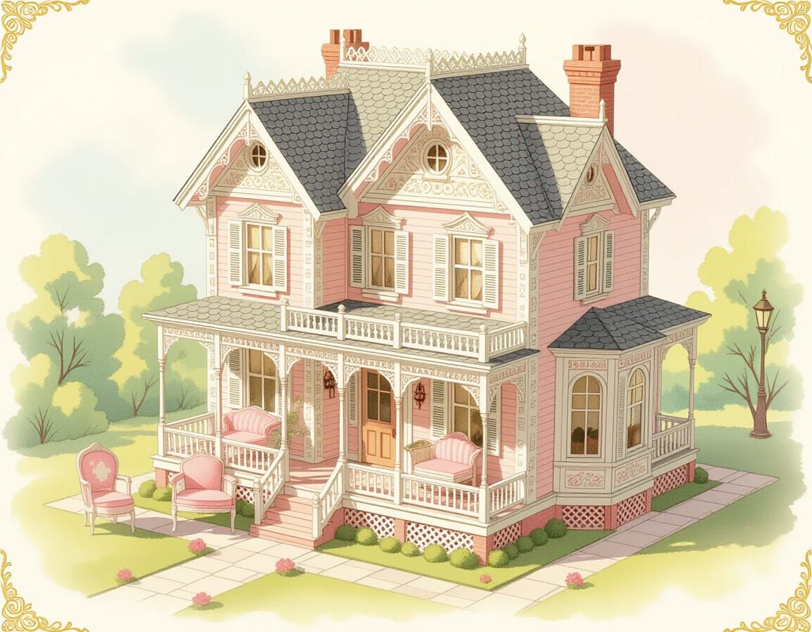 Isometric Victorian Dollhouse with Kawaii Charm