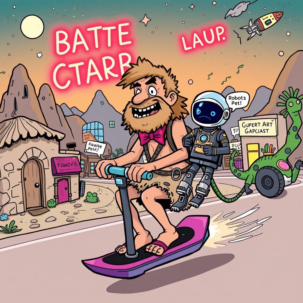 Caveman Rides Hoverboard in Futuristic Cartoon Town