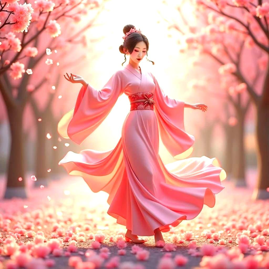 Dancer in Japanese Cherry Blossom Grove: Anime Art
