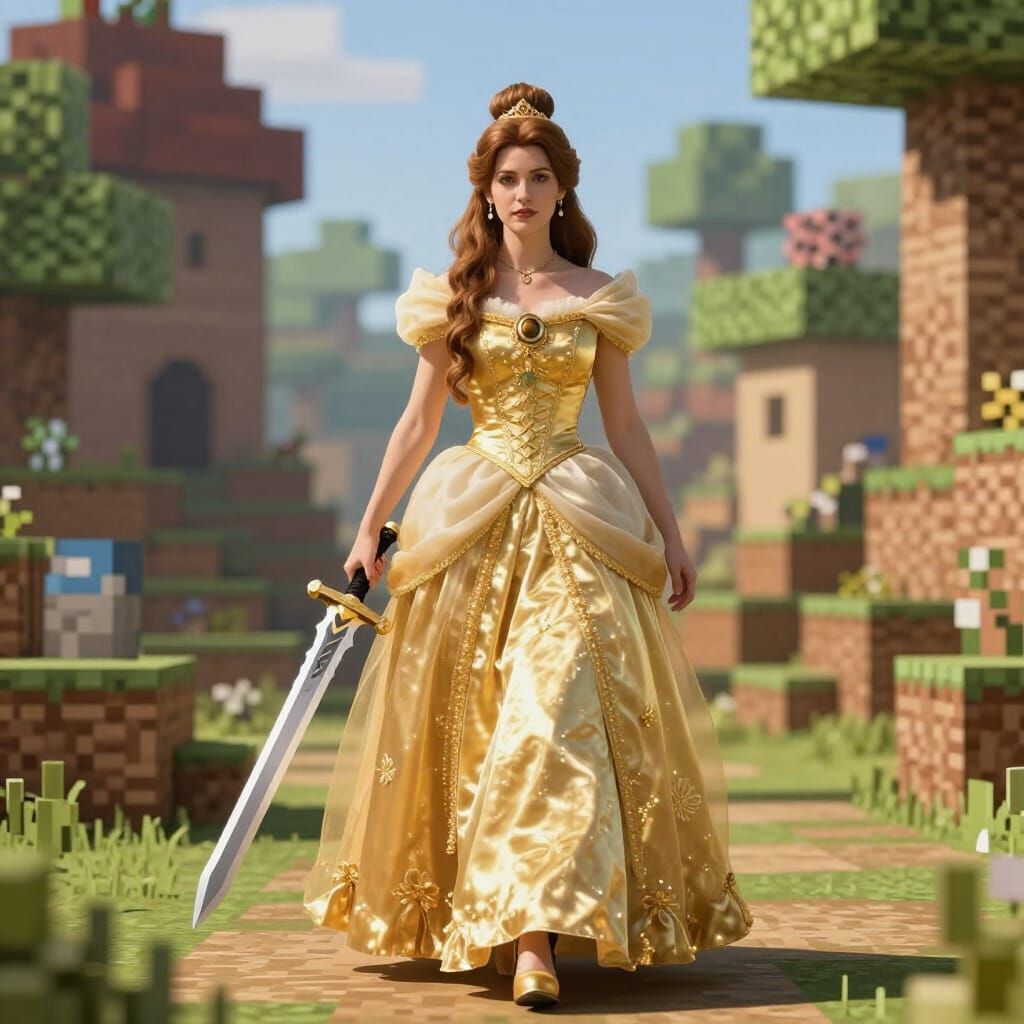 Princess Warrior in Minecraft Village, Realistic Digital Art