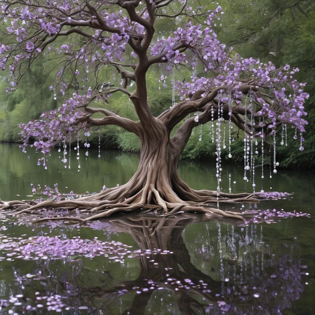 Enchanted Tree with Crystals and Blossoms Reflection
