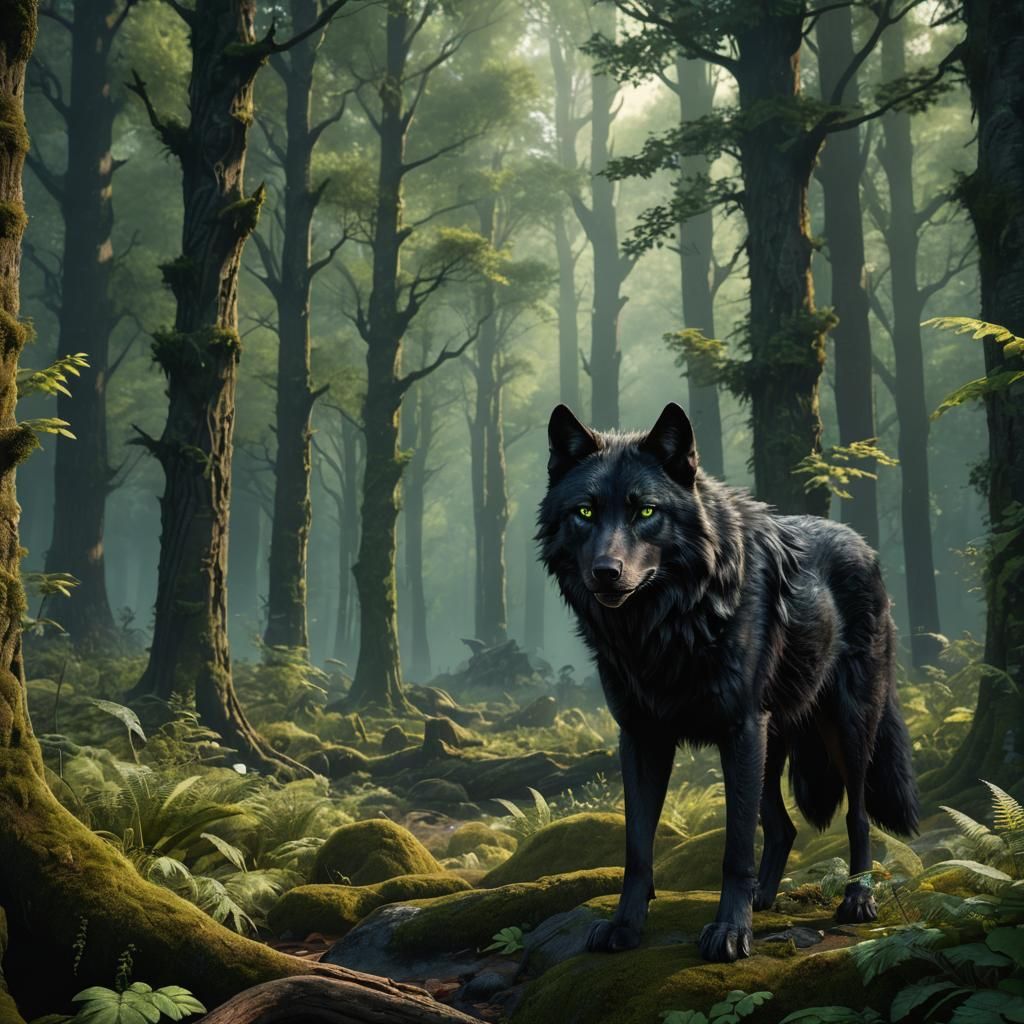 Black Wolf in Mythical Forest Clearing