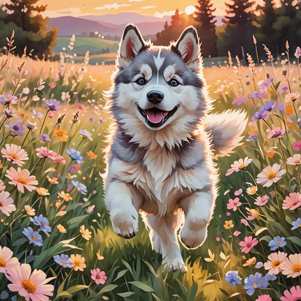 Cute Husky Puppy in Manga Style Sunset