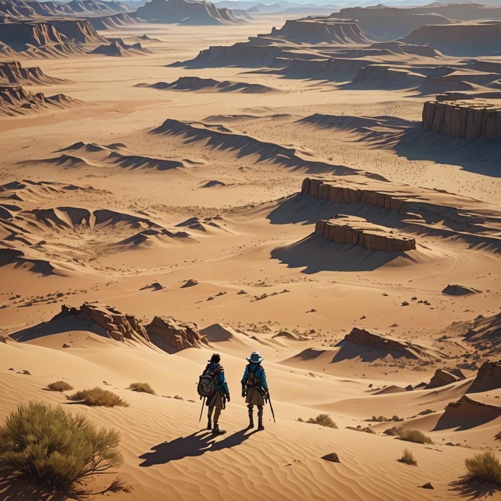 Anime Traveler in Desert Valley at Sunset