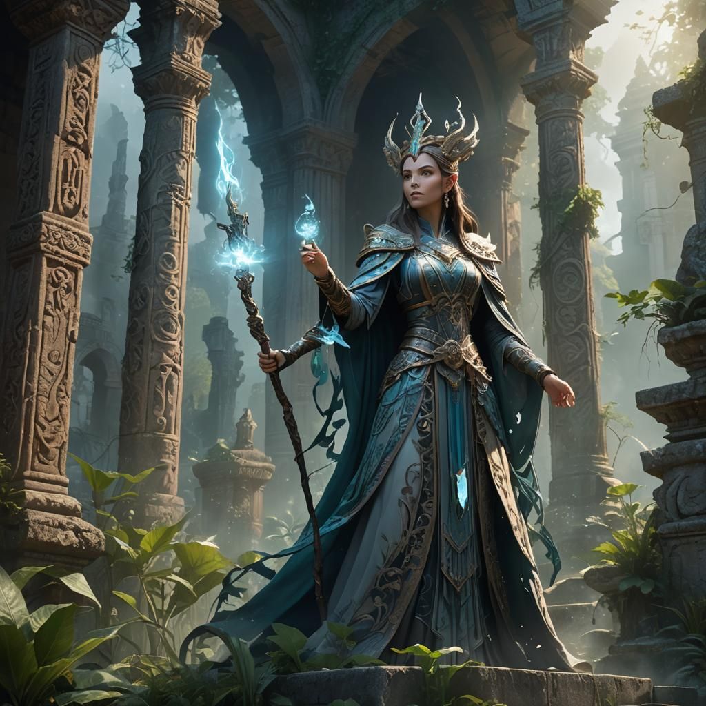 Mystical Sorceress in Ancient Ruins: Fantasy Digital Art