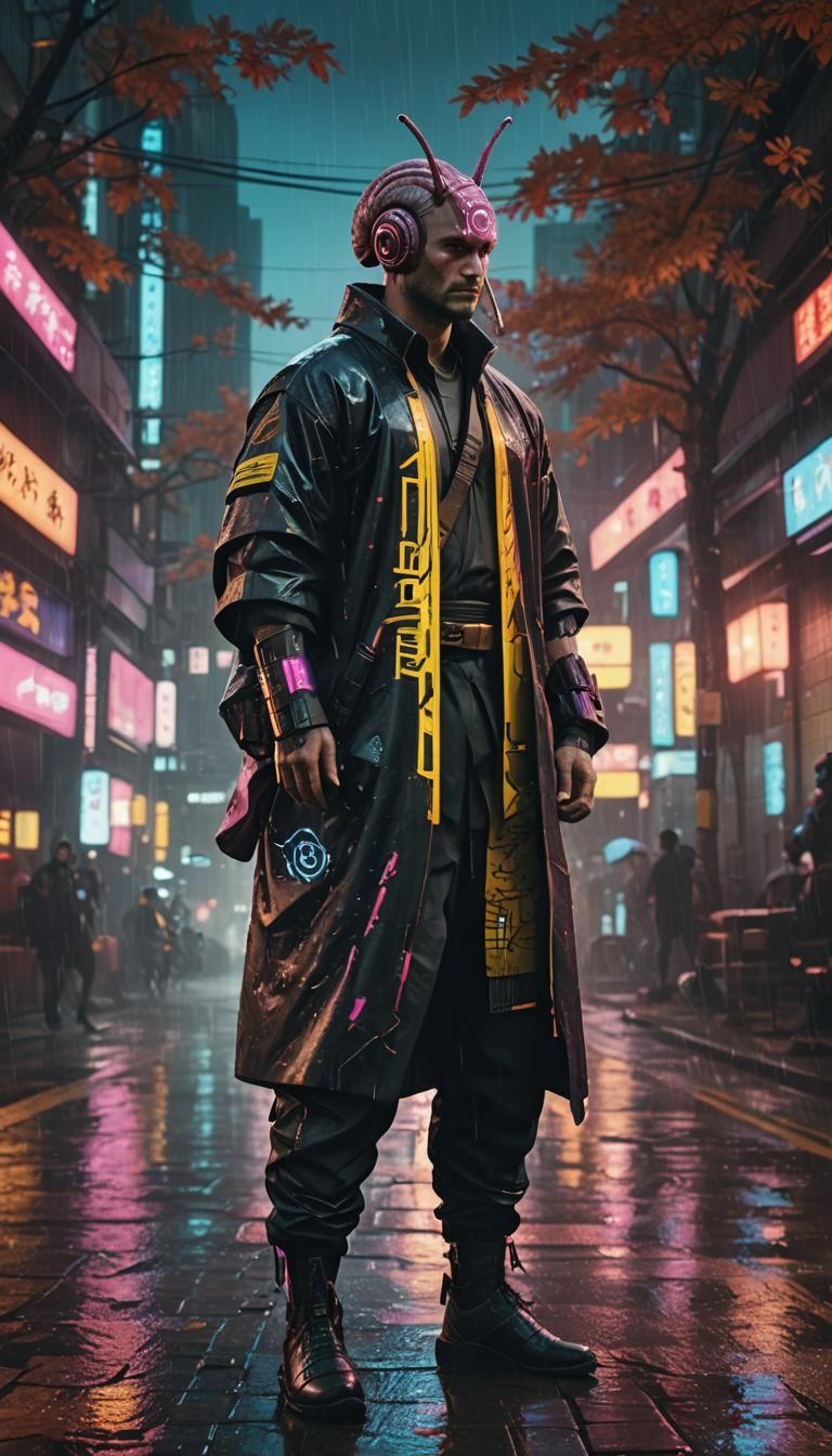 Cyberpunk Snail Warrior in Rainy City