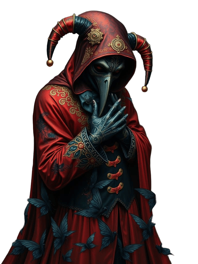 Harlequin Plague Doctor Surrounded by Faeries