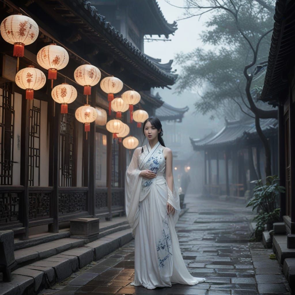 Ethereal Chinese Ghost in Moonlit Alleyway