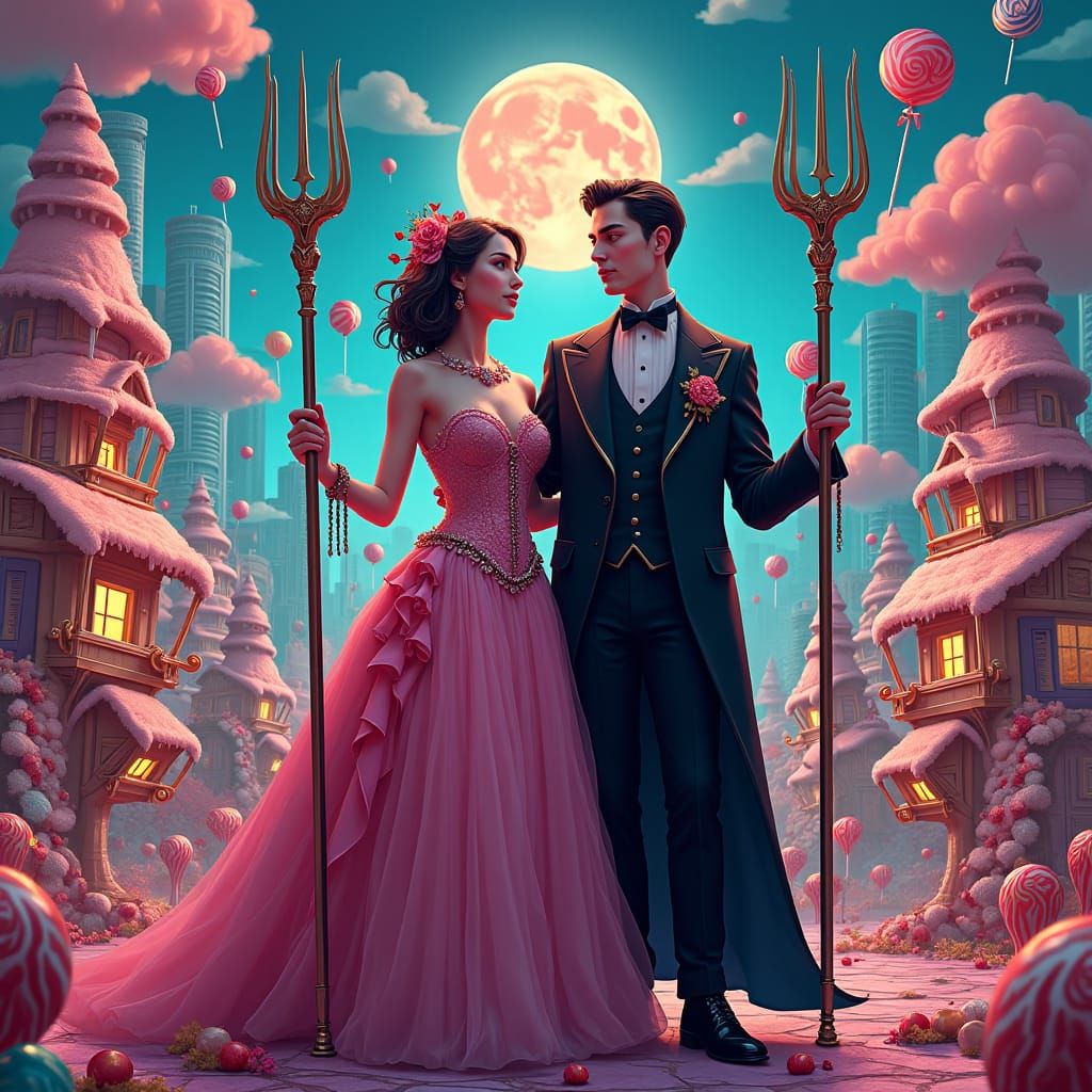 American Gothic Couple in Cyberpunk Candyland