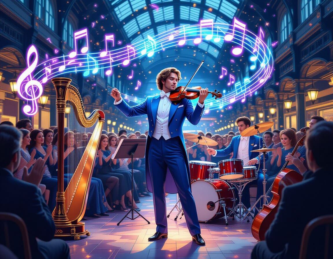 Conductor Orchestrates Floating Instruments in Lively Statio...