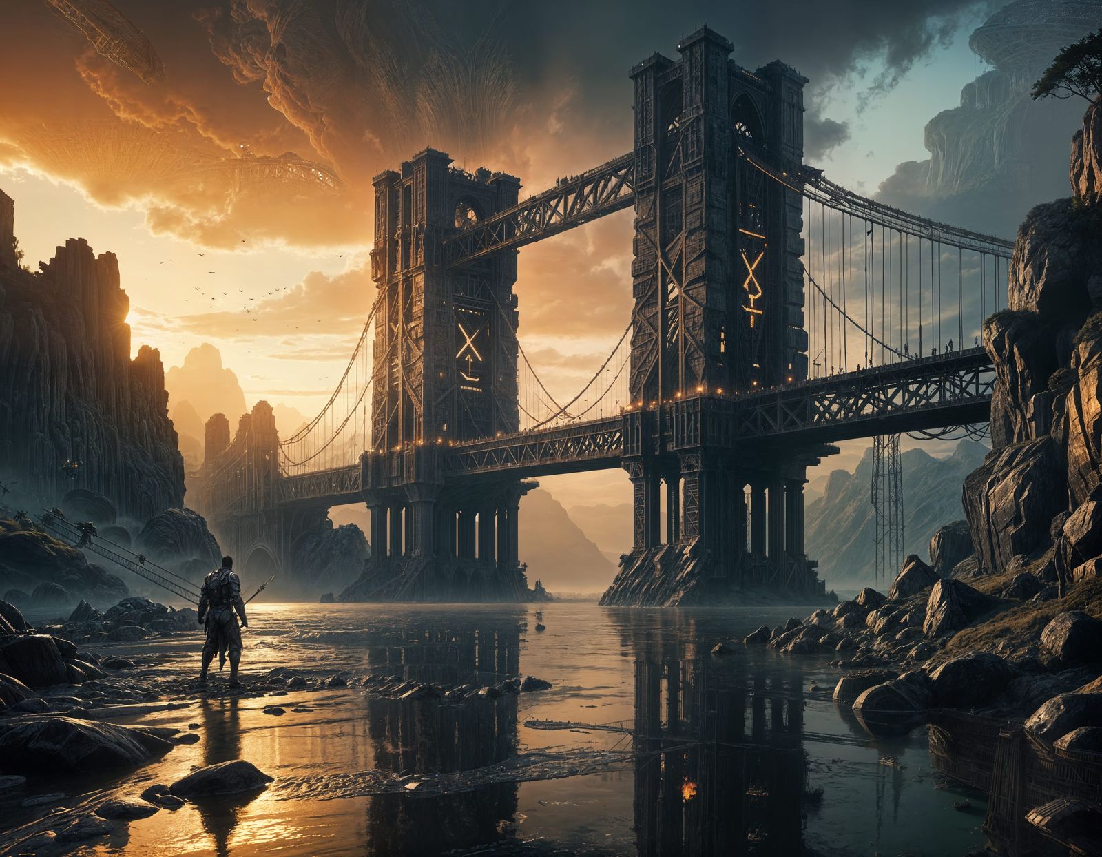 Epic Fantasy Bridge with Walking Colossal Golems