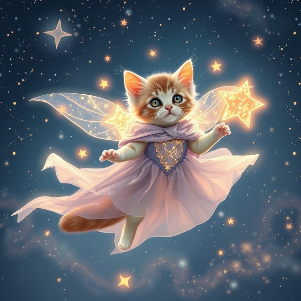 Magical Kitten with Star Wings in Pastel Sky