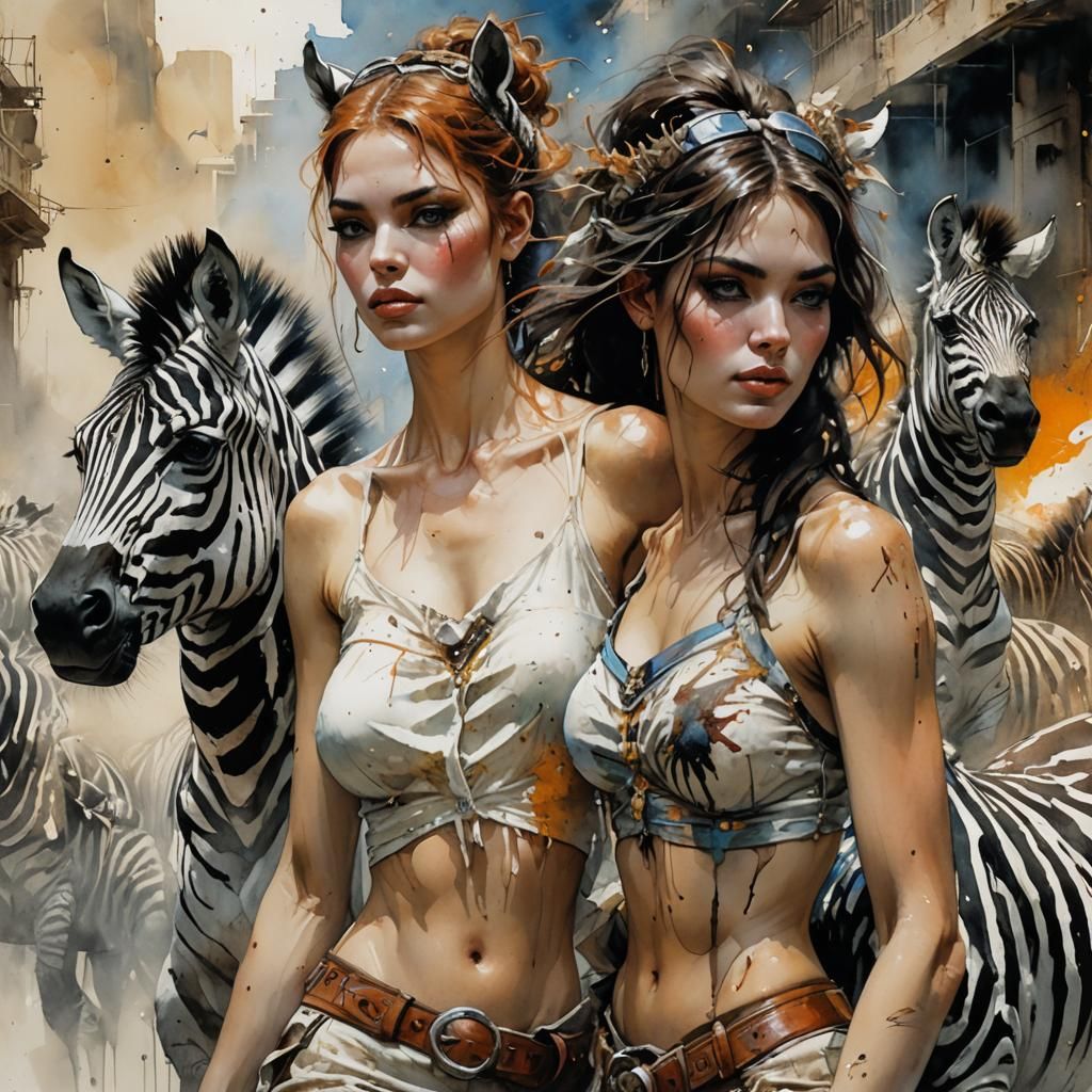 Woman on Zebra: Timescape Art Illustration