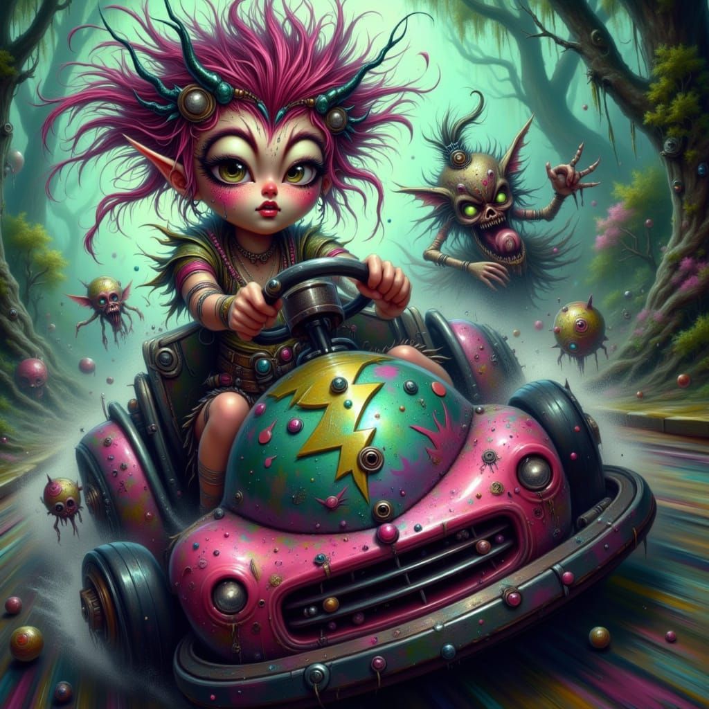 A lightning-patterned bumpercar racing towards the viewer at...