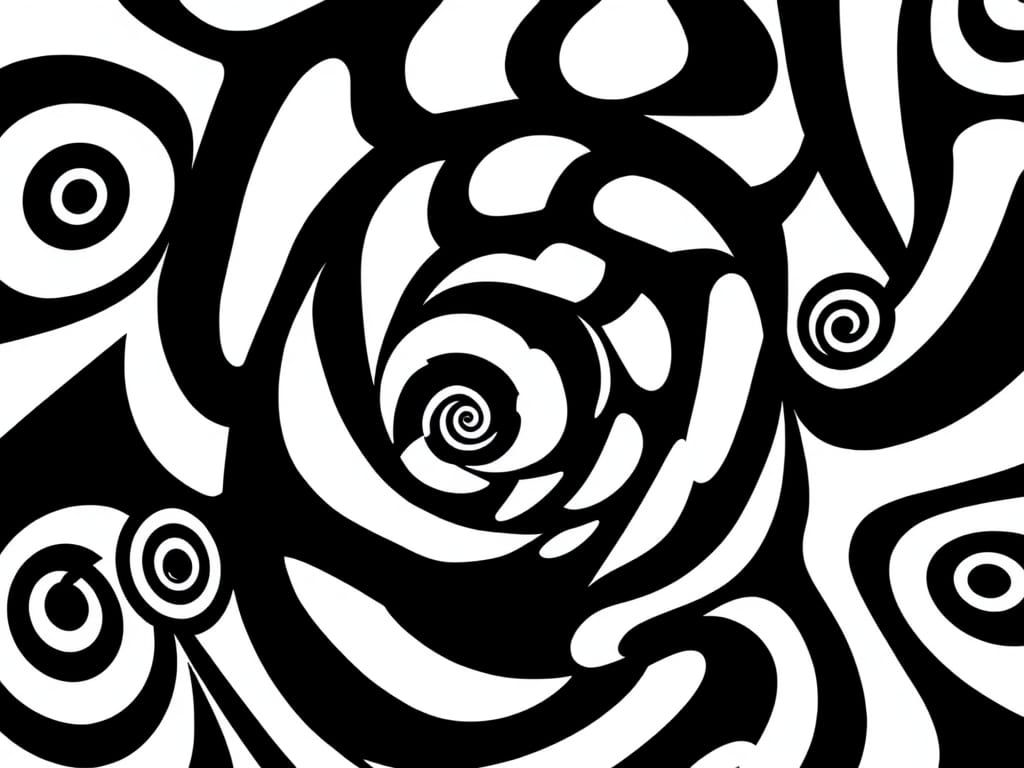 Surreal Black and White Mosaic with Hypnotic Spiral Patterns