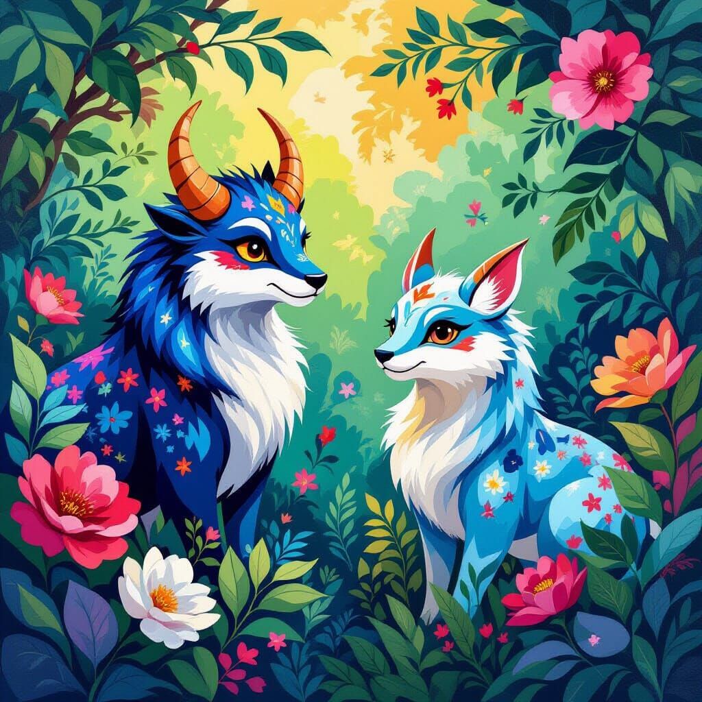 Whimsical Beasts in Gouache Painting with Lush Flora