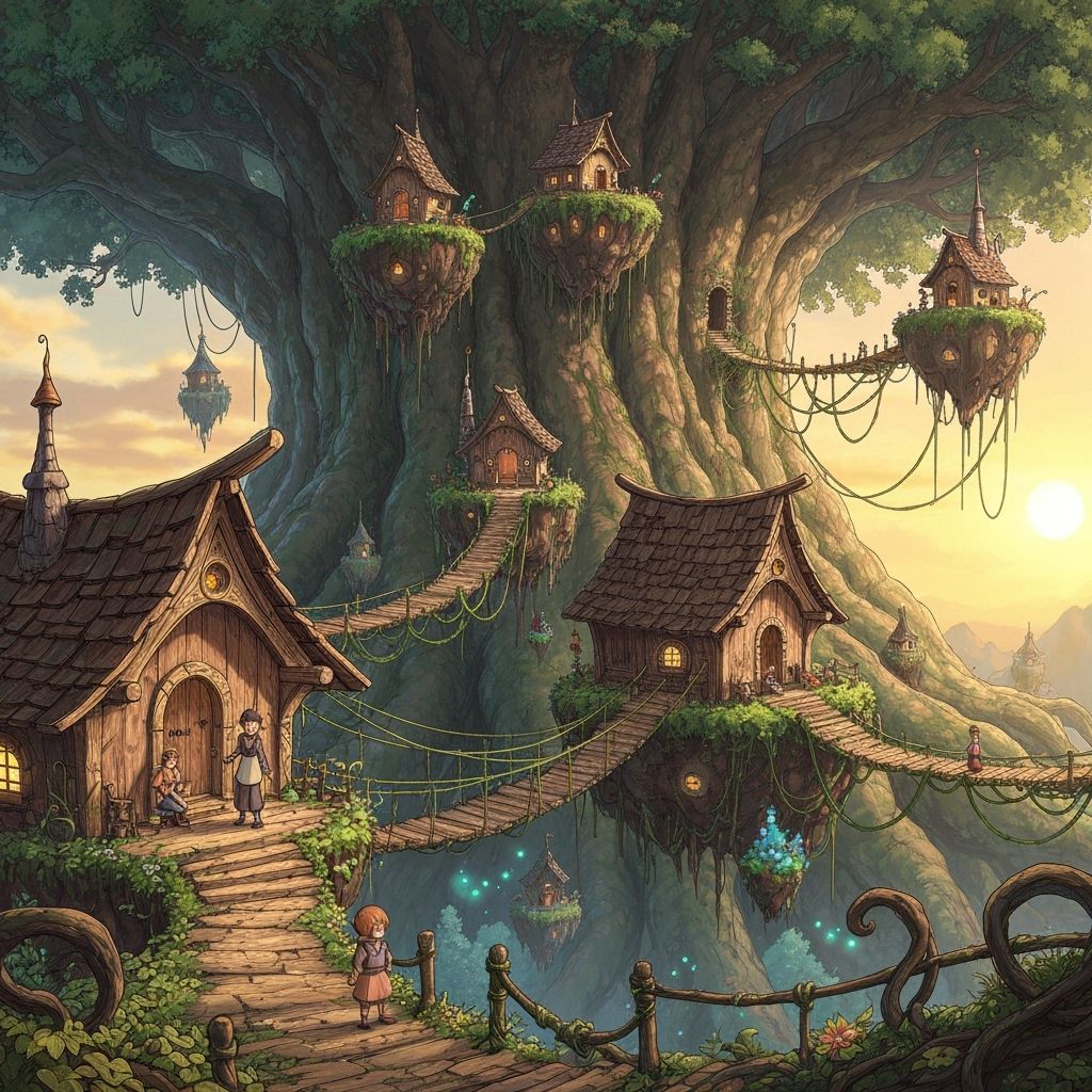 Enchanted Tree Village with Bioluminescent Gardens