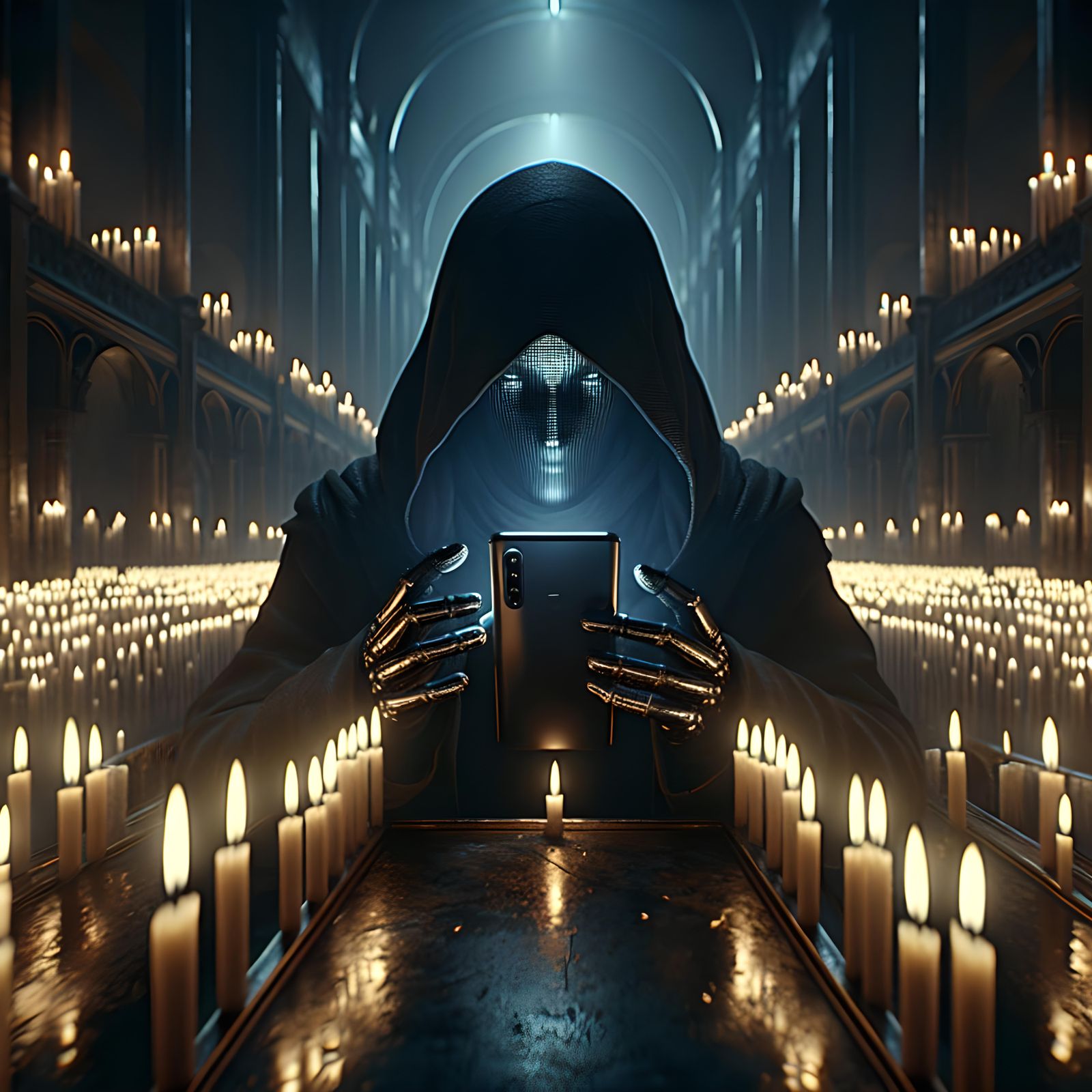 Ethereal Figure with Smartphone in Church, Hyperrealistic Po...