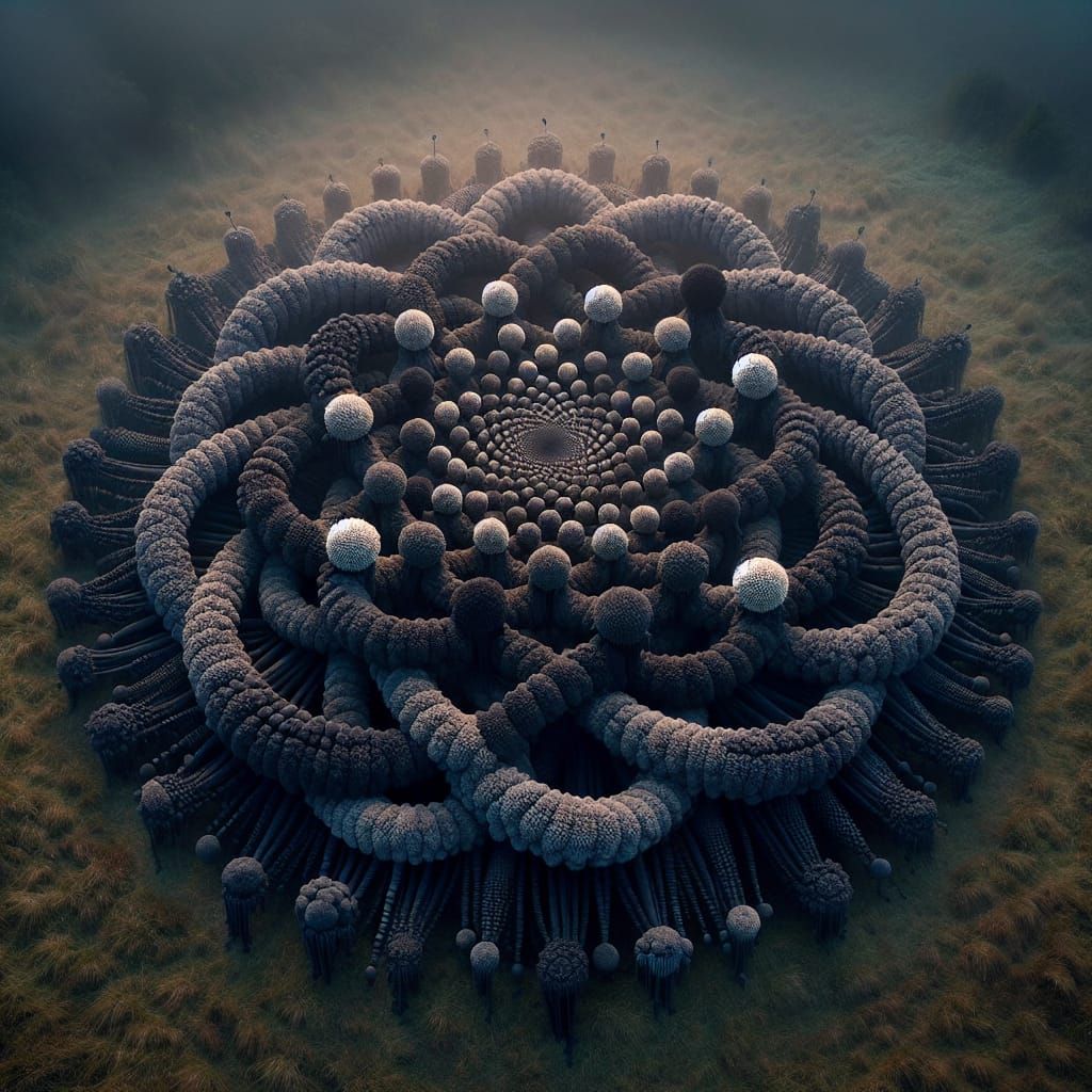 Abstract Mandala of Suspended Forms in Foggy Meadow