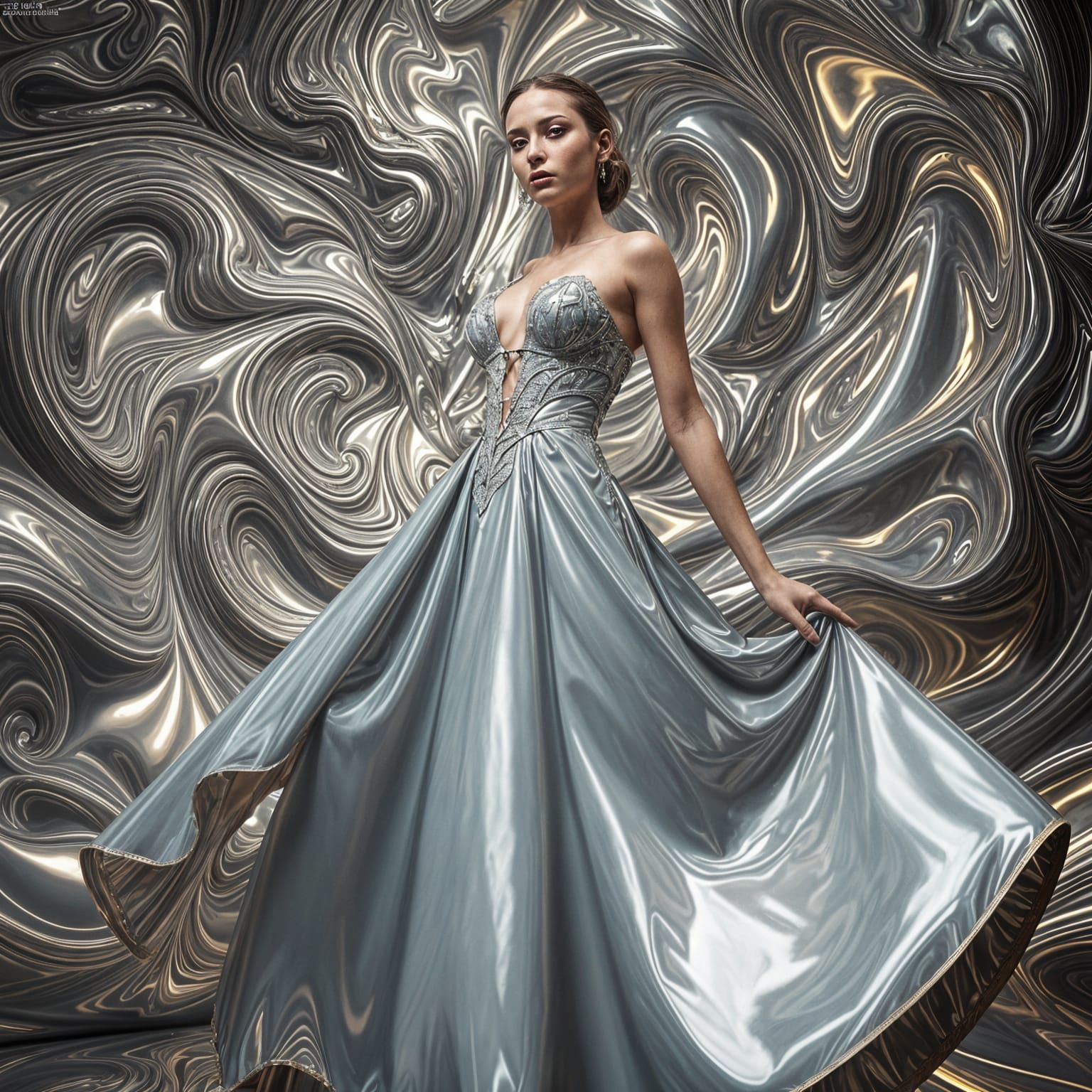 Hyperrealistic Woman in Intricate Latex Gown
