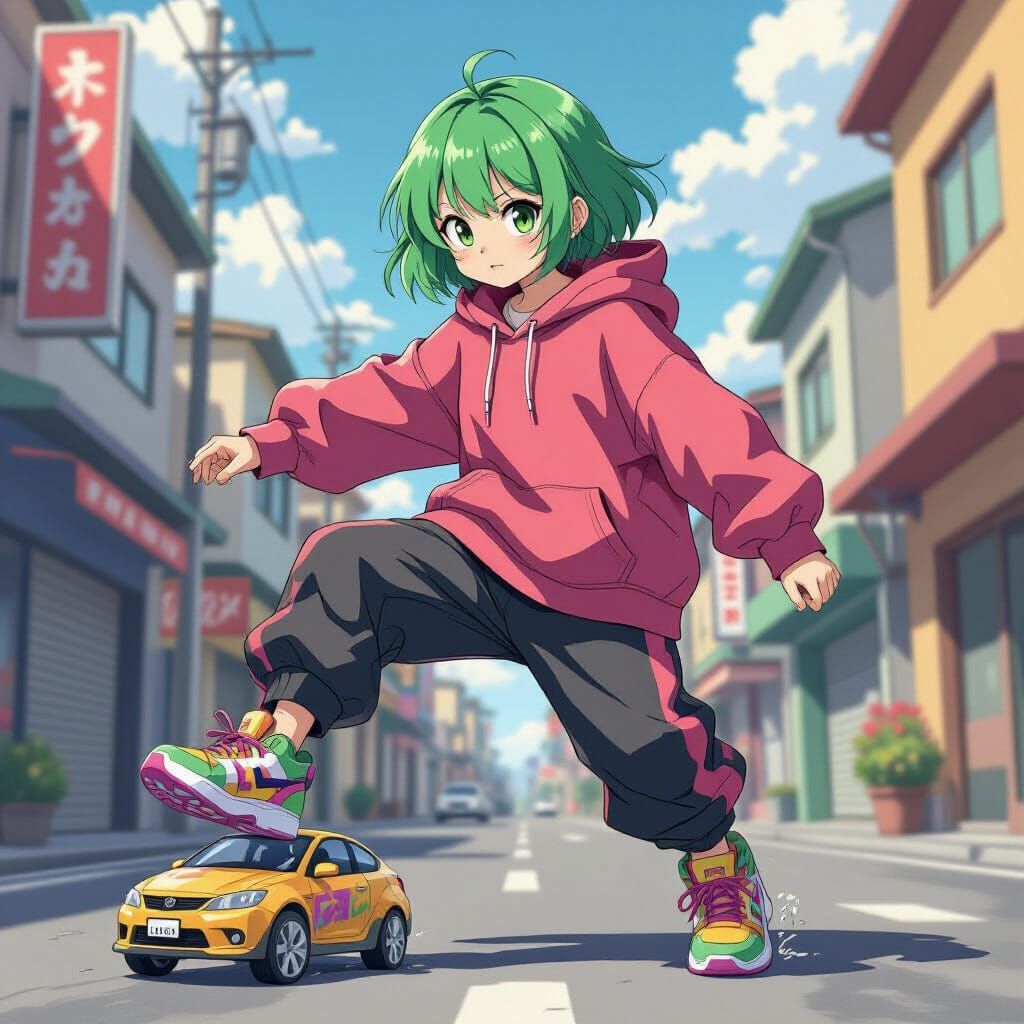 Vibrant Anime-Style Girl Stomps Toy Car