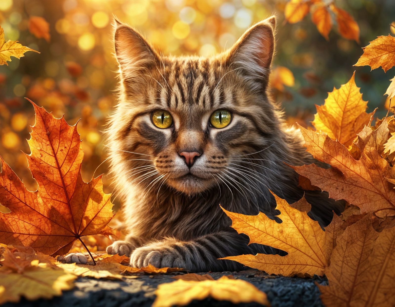 Autumnal Leaf Cat in Fantastical Garden, Photorealistic