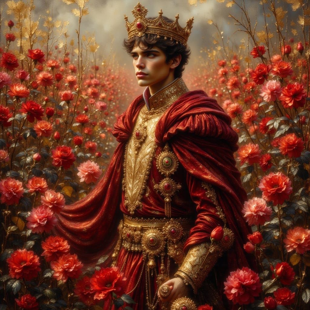 Renaissance Prince in Crimson Velvet and Roses