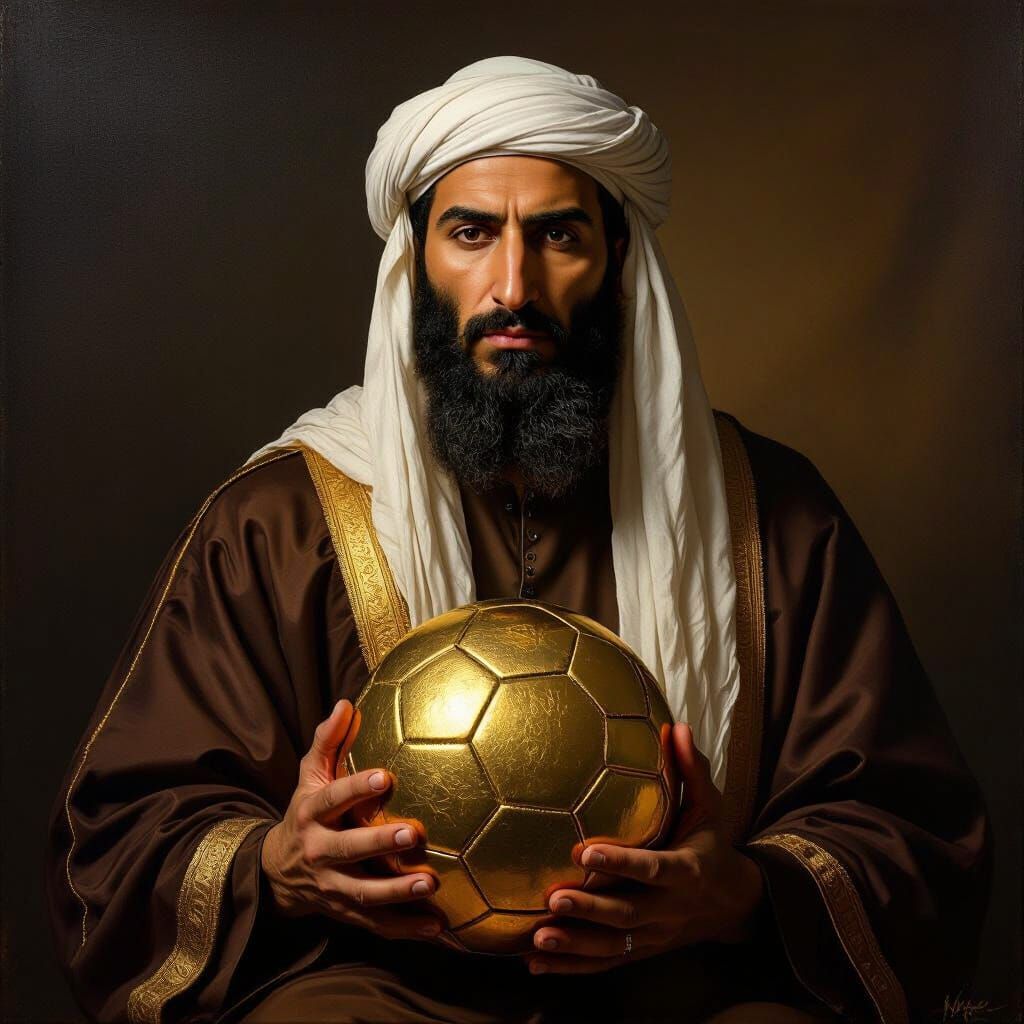 Bin Laden Holding Golden Football in Renaissance Style