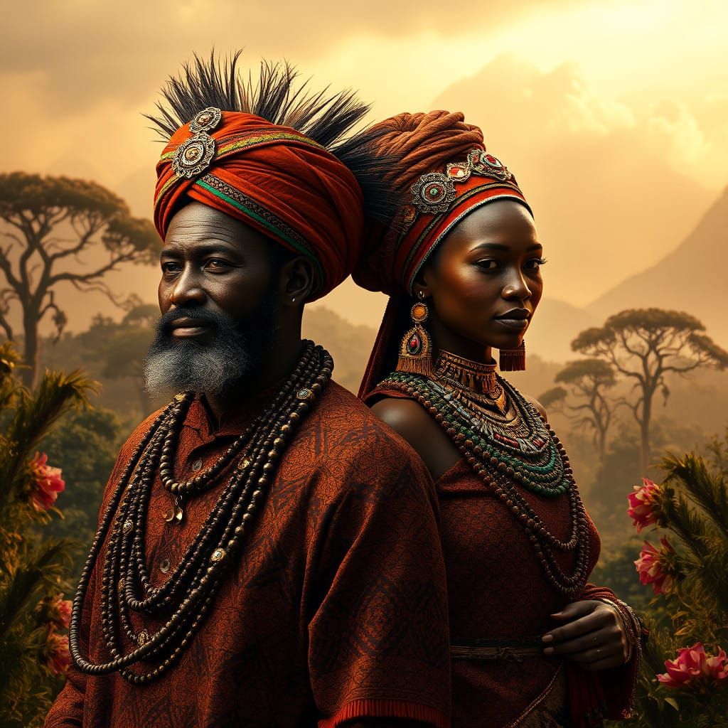 Ethereal Ruandan Couple in Mystical African Landscape