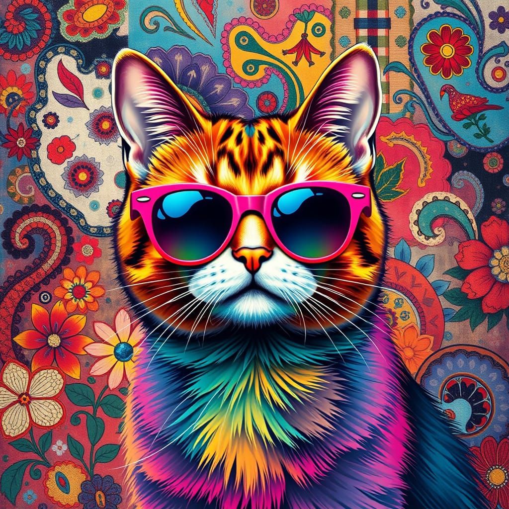Psychedelic Cat in Technicolor 60s Sunglasses