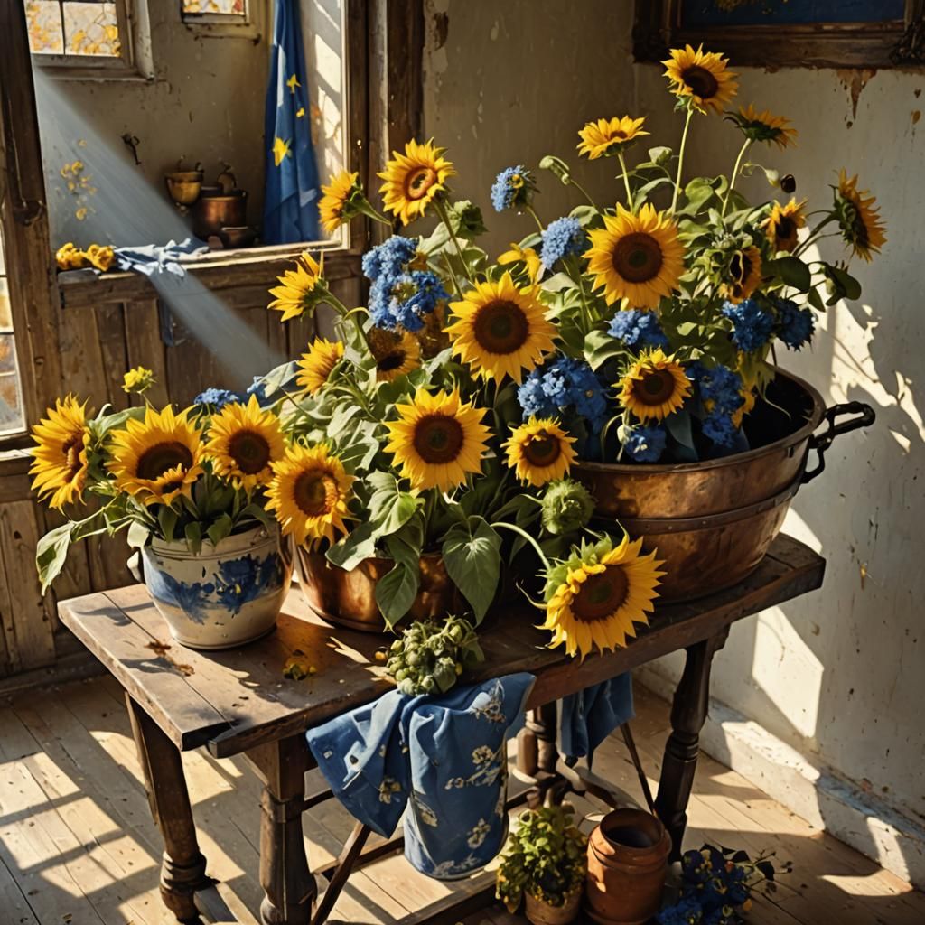 Sunflowers and Delft Blue Flowers by Window