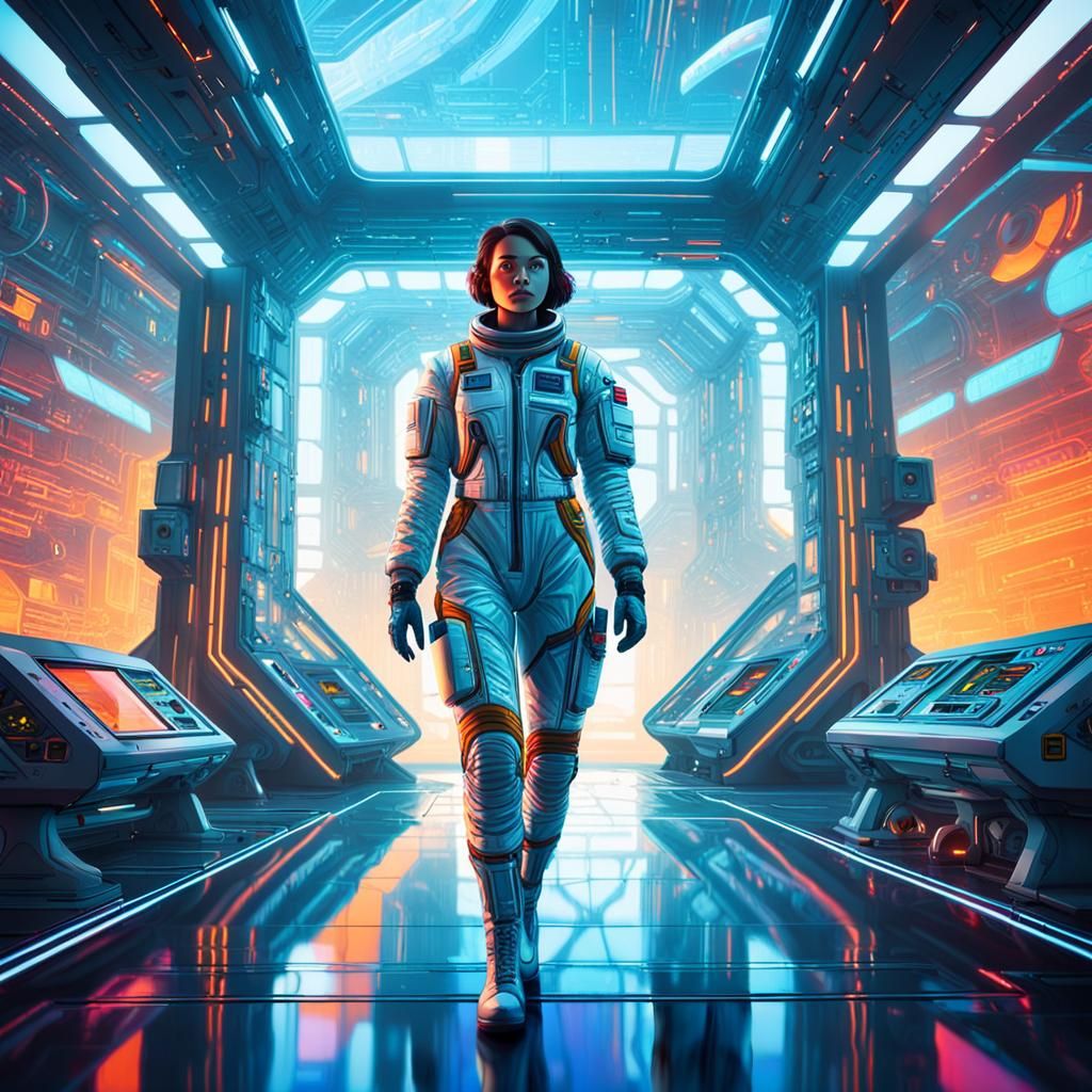 Astronaut in Futuristic Lab: Vibrant Sci-Fi Oil Painting