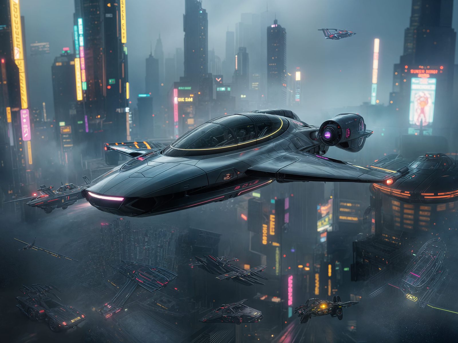 Cyberpunk Flying Car in Neon Dusk