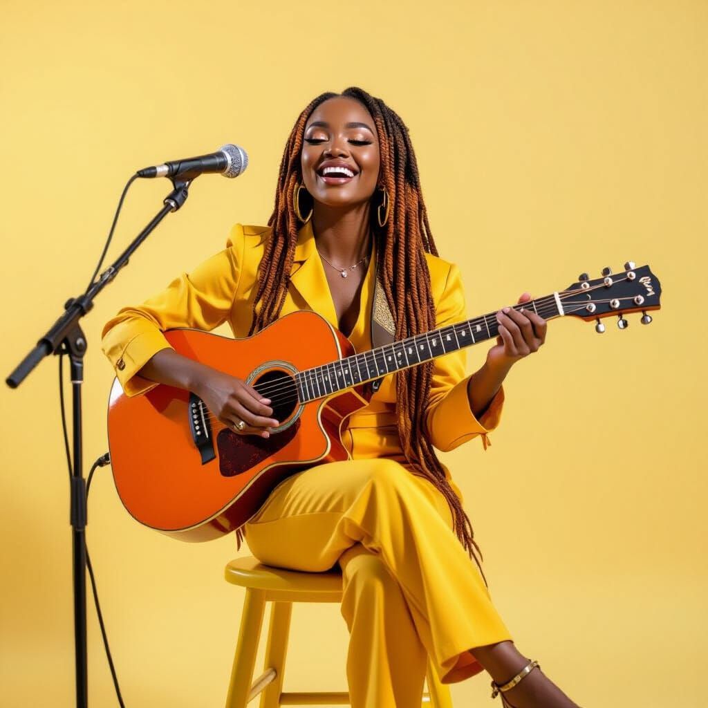 Lyra Noel Sings Joyfully on Yellow Stool with Orange Guitar