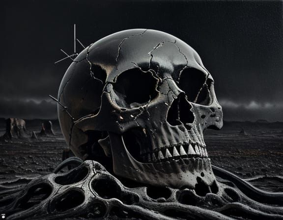 Surreal Skull Pierced by Bullet in Desolate Landscape
